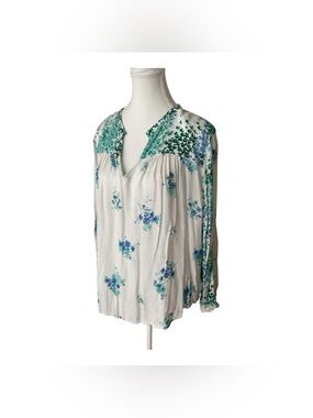 Lucky Brand Floral Boho Peasant Blouse Ivory Blue Green Large